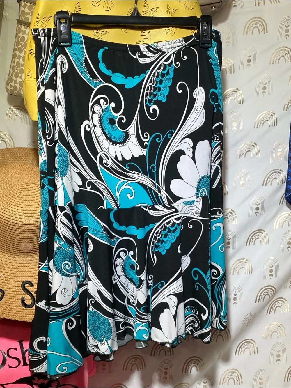 Carol Rose Black Teal White Floral Maxi Skirt